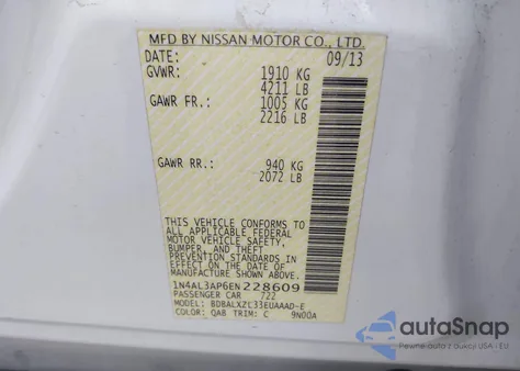 2014 Nissan Altima 2.5 Sl z USA, uszkodzony, nr VIN 1N4AL3AP6EN228609